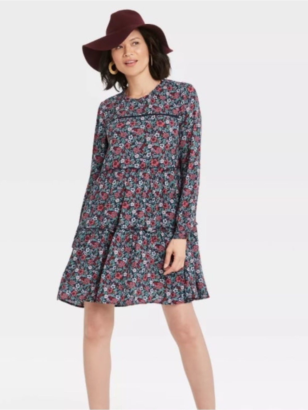 Knox Rose Floral Tiered Mini Dress Large Boho Long Sleeve Rayon Navy Pink